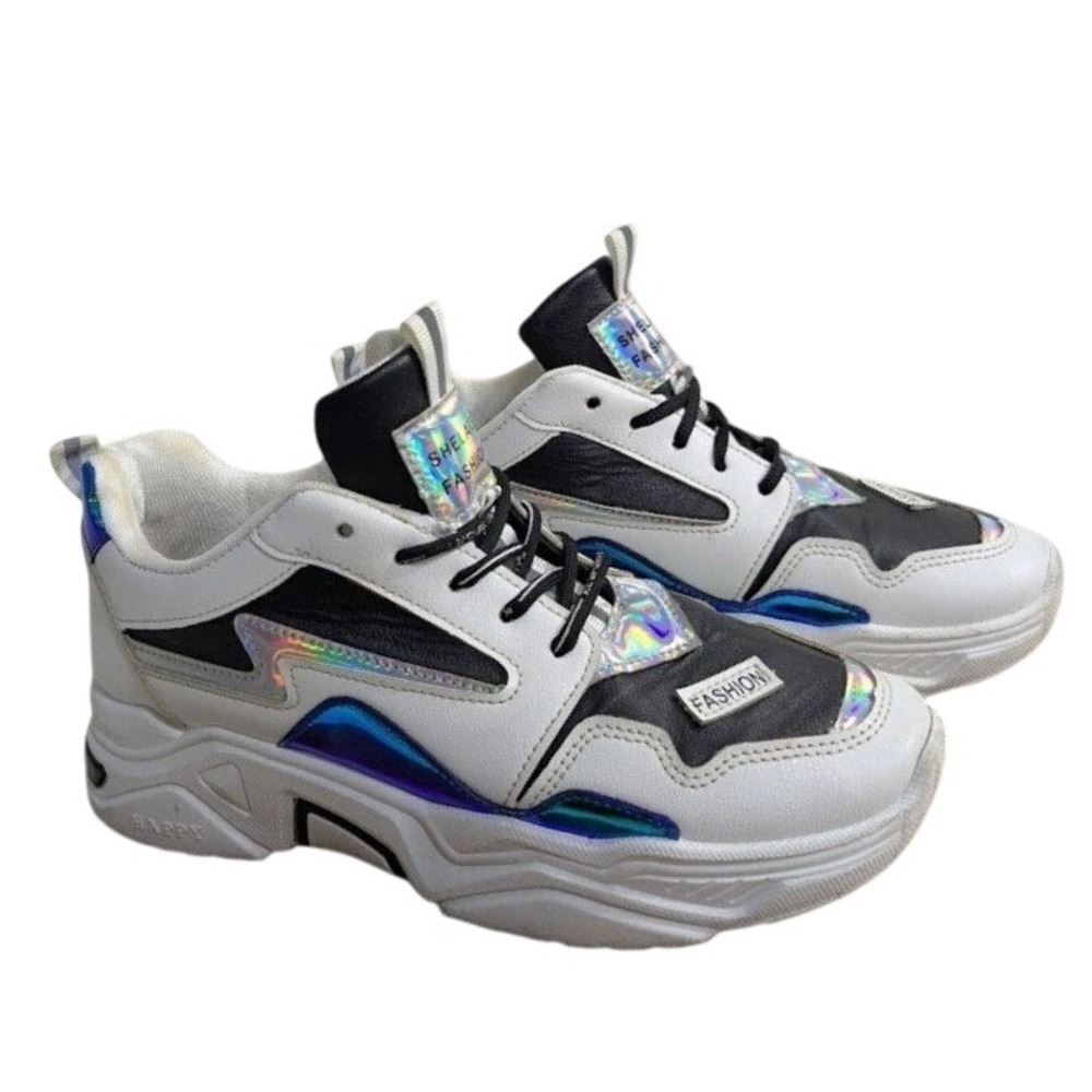 Chunky White Platform  4 Sneakers Holographic Blue Silver Detail Streetwear